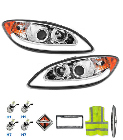 International Prostar Headlights Chrome with LED Glow - Pair | Tacoma Semi Truck Parts & Accessories