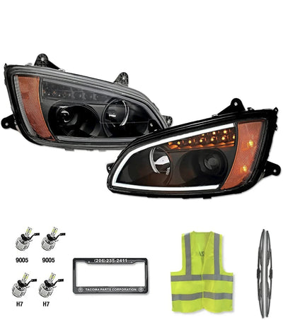 Headlights LED Bar Turn Signal Black Set 2008-2016 Kenworth T660 T700