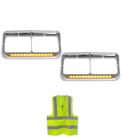 Headlights Bezels Chrome with 12" Amber LED Light Strip Bar Western Star 4900 4800 6900