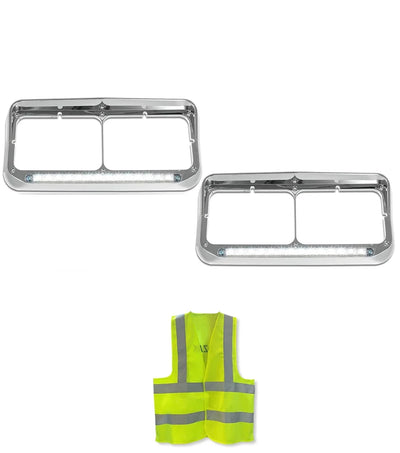 Headlights Bezels Chrome with 12" Clear LED Light Strip Bar Western Star 4900 4800 6900