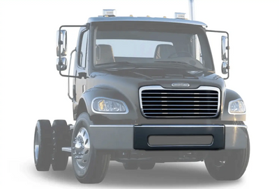 KOZAK Chrome Steel Front Center Bumper for Freightliner M2 Business Class 106 112 03-12 and Chrome Front Grille for Freightliner M2 03-15 A1714787001 PLUS Logo, Wipers, License Plate Holder and Vest