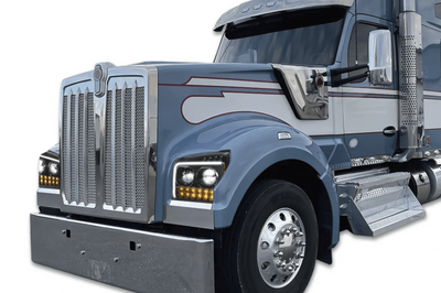 KOZAK LED DRL Sequential Turn Signal Headlights Black Pair (Driver Left & Passenger Right Side) for KENWORTH W990 2019-2022 PLUS Logo, Windshield Wipers and Vest