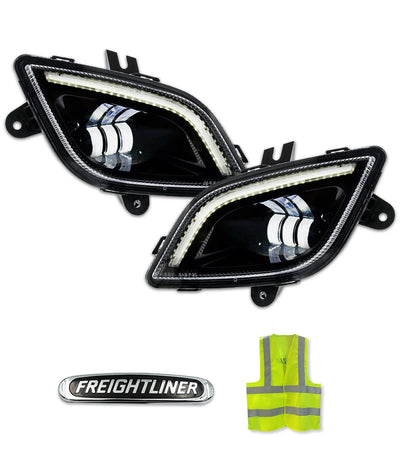 LED Fog Light Set with Halo Ring DLR Black Housing Freightliner Cascadia 2018+ -