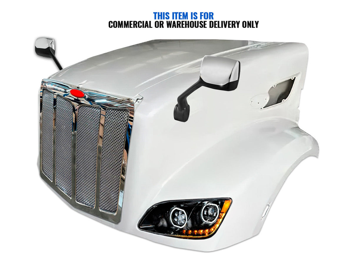 Fiberglass Long Hood Modified Style w/Front Grille, LED Headlights & Mirrors Set 2014-2022 Peterbilt 579