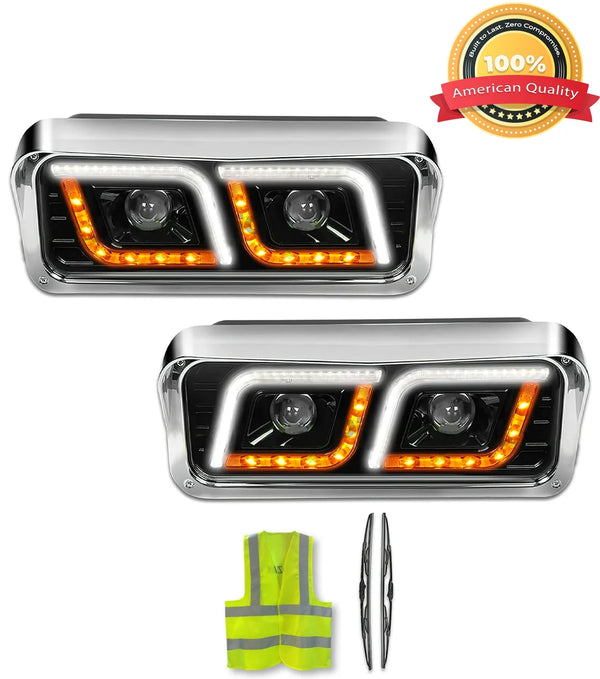 Headlights Black LED DRL Set Kenworth W900 T800 T600