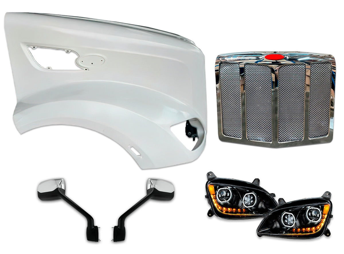 Fiberglass Long Hood Modified Style w/Front Grille, LED Headlights & Mirrors Set 2014-2022 Peterbilt 579
