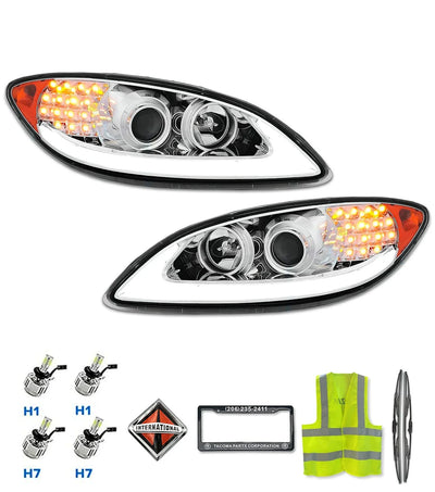 International Prostar Headlights Chrome with LED Glow Bar Set | Tacoma Semi Truck Parts & Accessories