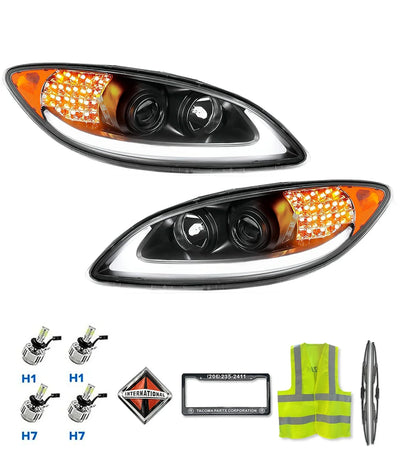 International Prostar Black LED DRL Glow Bar Turn Signal Headlights | Tacoma Parts Corporation