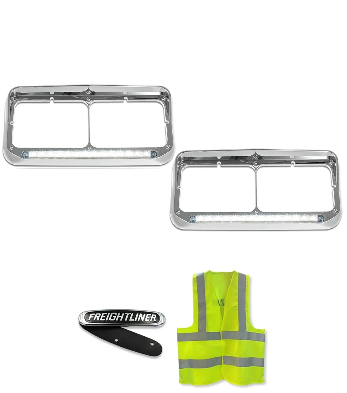 Headlights Bezels Chrome with 12" Clear LED Light Strip Bar Freightliner FLD Classic XL