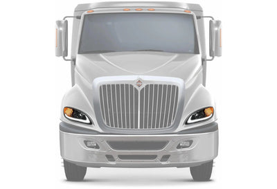 KOZAK Replacement Black LED DRL Glow Bar LED Turn Signal Projector Headlights Pair for International ProStar 2008-2016 PLUS Logo, Wipers, 2x H1, 2x H7 LED Bulbs, Frame License Plate and Vest