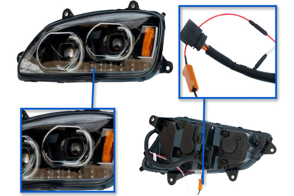 Headlight LED Black with Turn Signal Dual Driver 2008-2018 Kenworth T660 T370