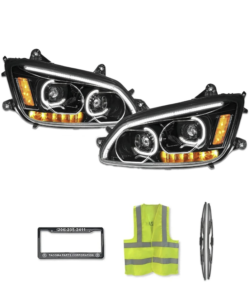 Headlights LED Black with Turn Signal Dual Set 2008-2018 Kenworth T660 T370