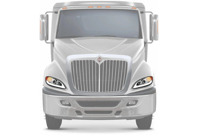 KOZAK Replacement Chrome LED DRL Glow Bar LED Turn Signal Projector Headlights Pair for International ProStar 2008-2016 PLUS Logo, Wipers, 2x H1, 2x H7 LED Bulbs, Frame License Plate and Vest