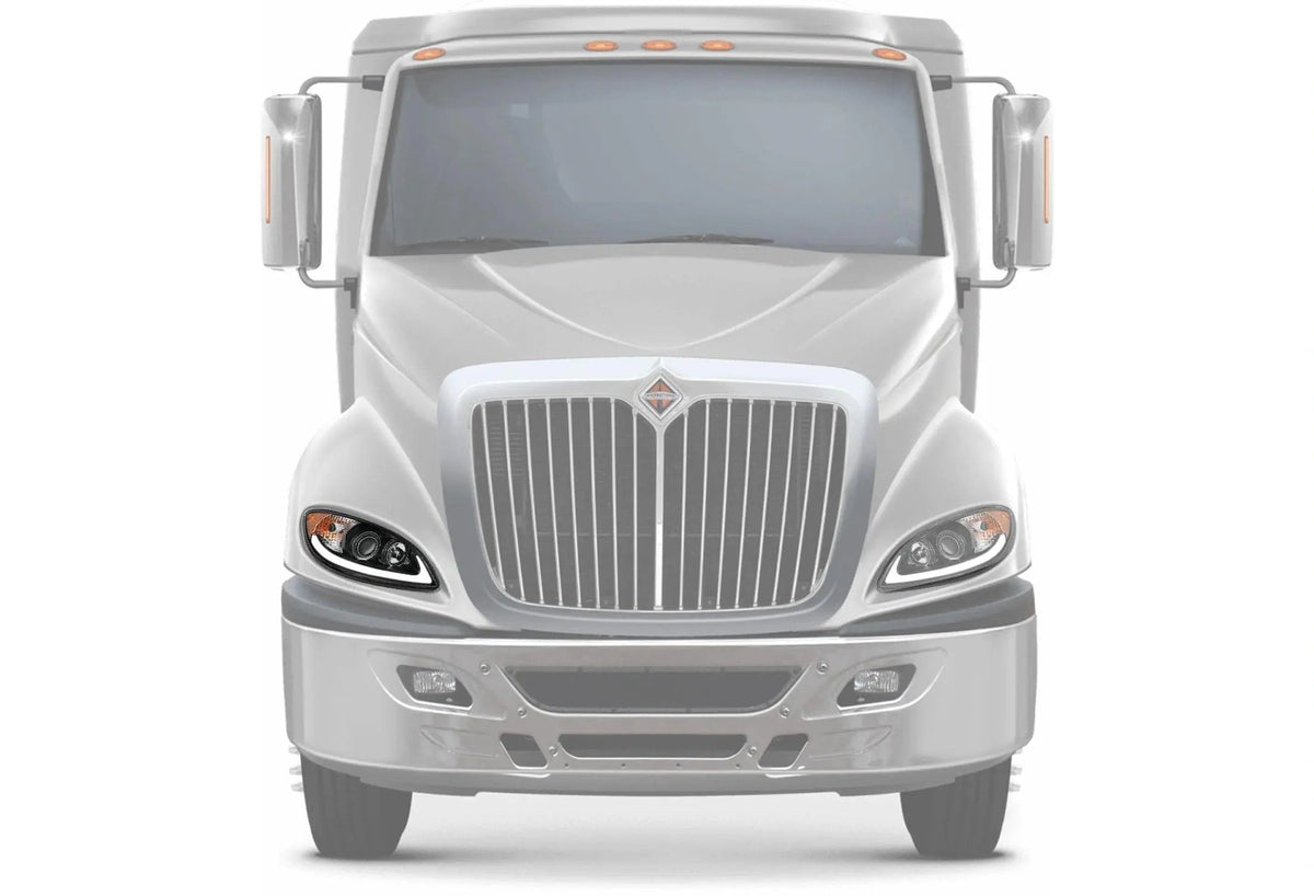 KOZAK Replacement Black Projector Headlight with Glow LED bar (Passenger Right Side) For International ProStar 2008-2016 PLUS Logo, Wipers, 2x H1, 2x H7 LED Bulbs, Frame License Plate and Vest