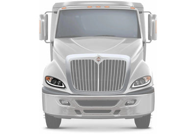 KOZAK Replacement Black Projector Headlight with Glow LED bar (Passenger Right Side) For International ProStar 2008-2016 PLUS Logo, Wipers, 2x H1, 2x H7 LED Bulbs, Frame License Plate and Vest