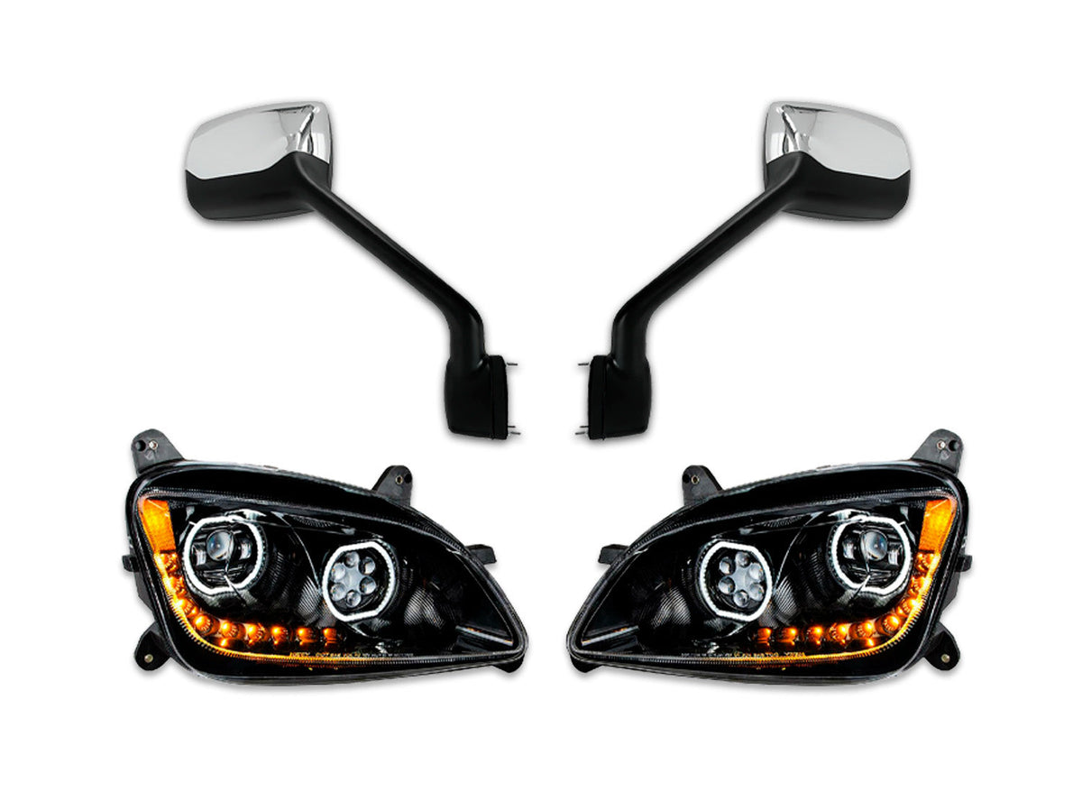 Fiberglass Long Hood Modified Style w/LED Black Headlights & Chrome Mirrors Set 2014-2022 Peterbilt 579