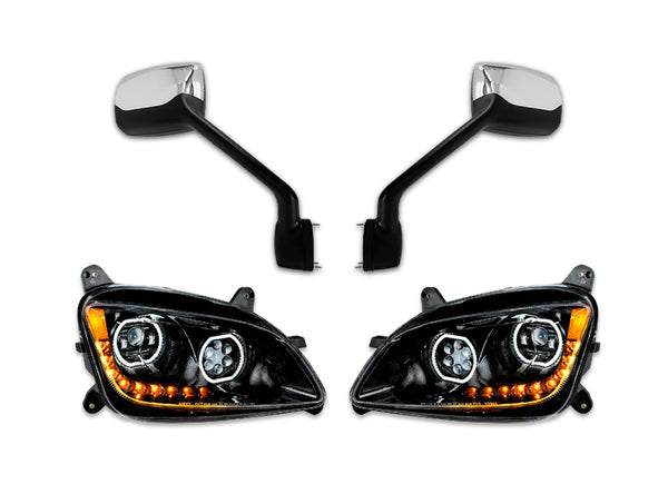 Fiberglass Long Hood Modified Style w/LED Black Headlights & Chrome Mirrors Set 2014-2022 Peterbilt 579