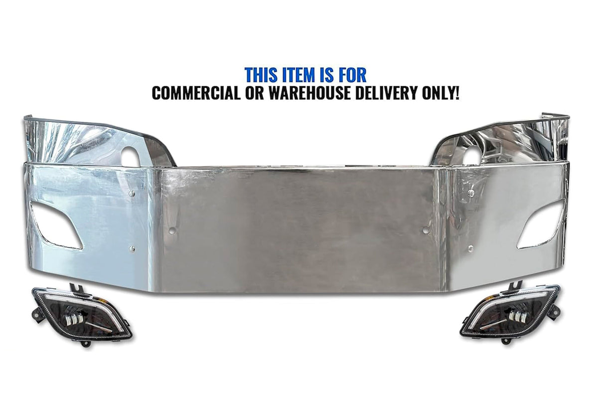 16" Bumper Steel w/Fog Lamp Hole + LED Fog Light Set Black 2018+ Freightliner Cascadia
