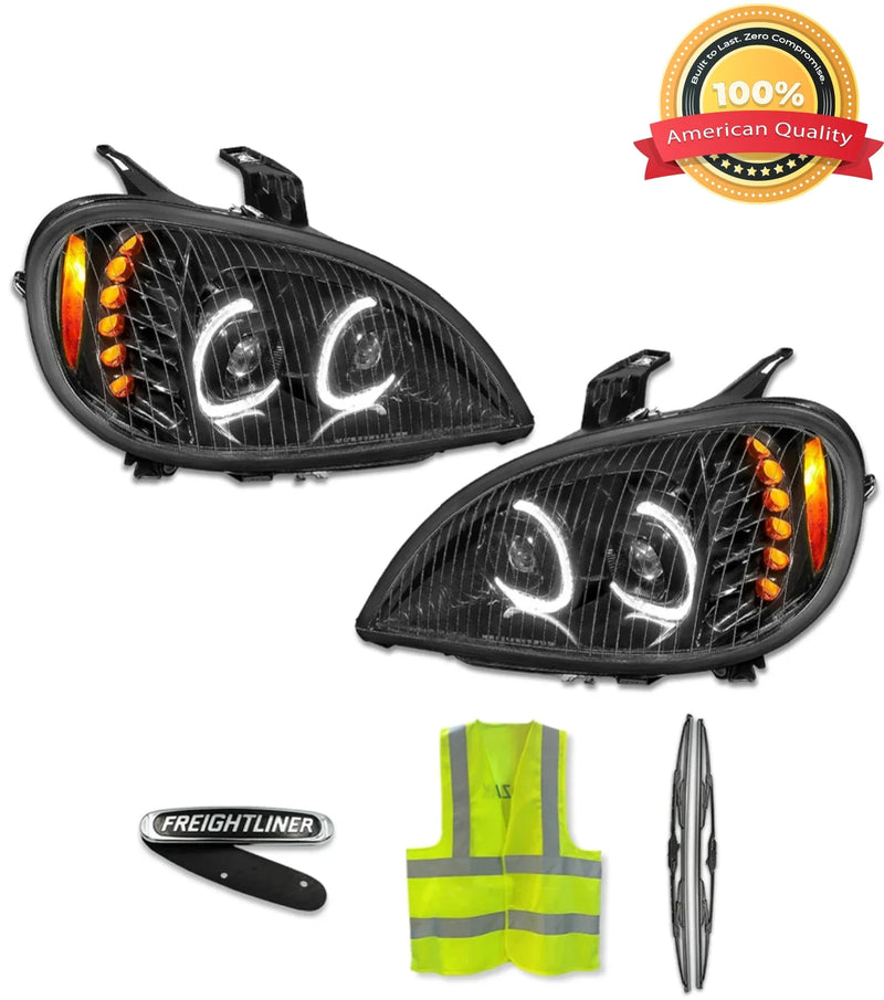 Headlights LED DRL Dual Projector Black Set 2004-2017 Freightliner Columbia