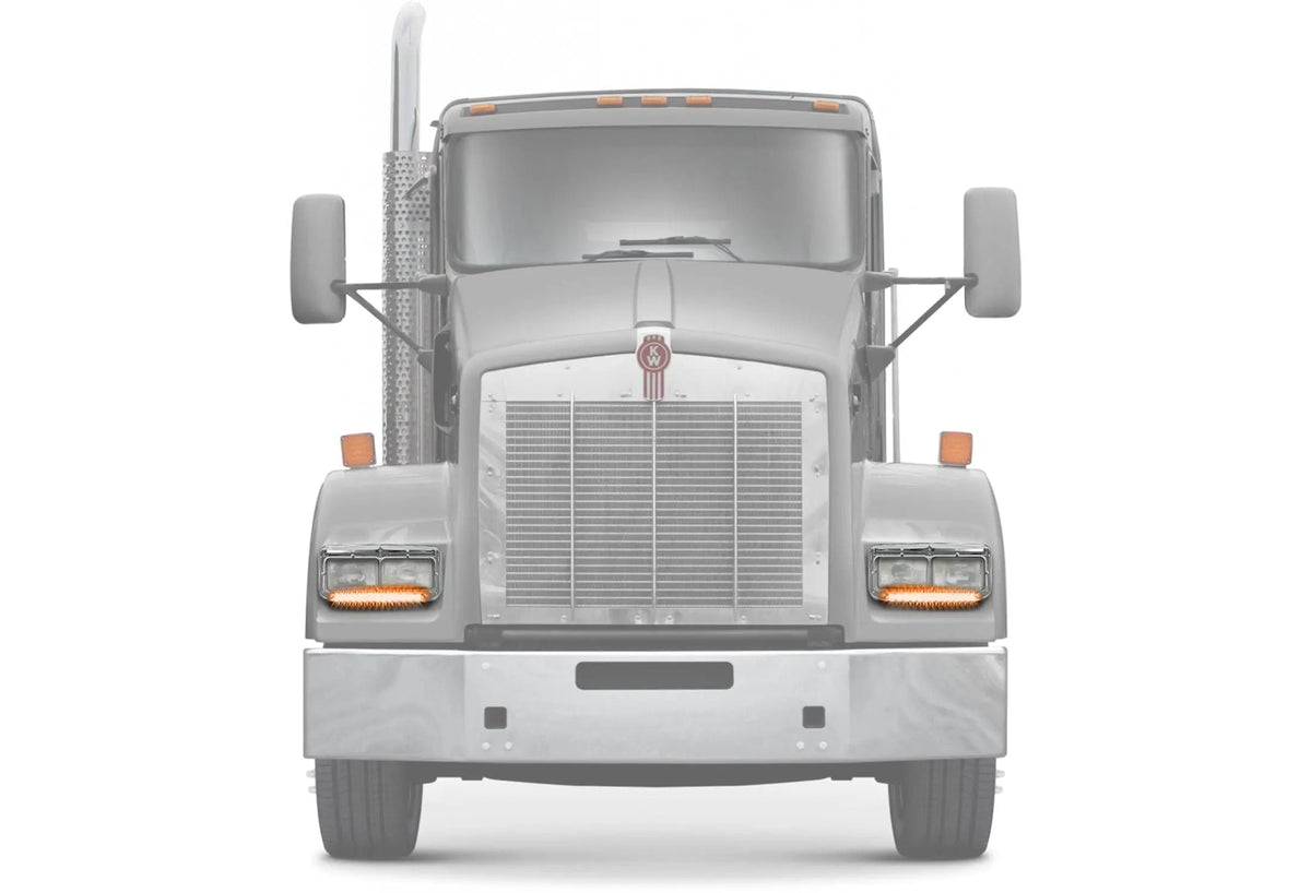 Headlights Bezels Chrome with 12" Amber/Yellow LED Light Strip Bar 2 Pcs For Kenworth T400 T600 T800 W900B W900L - 