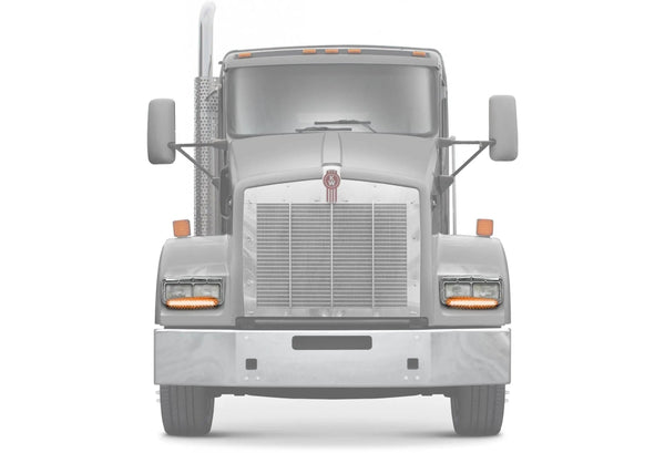Headlights Bezels Chrome with 12" Amber/Yellow LED Light Strip Bar 2 Pcs For Kenworth T400 T600 T800 W900B W900L - 
