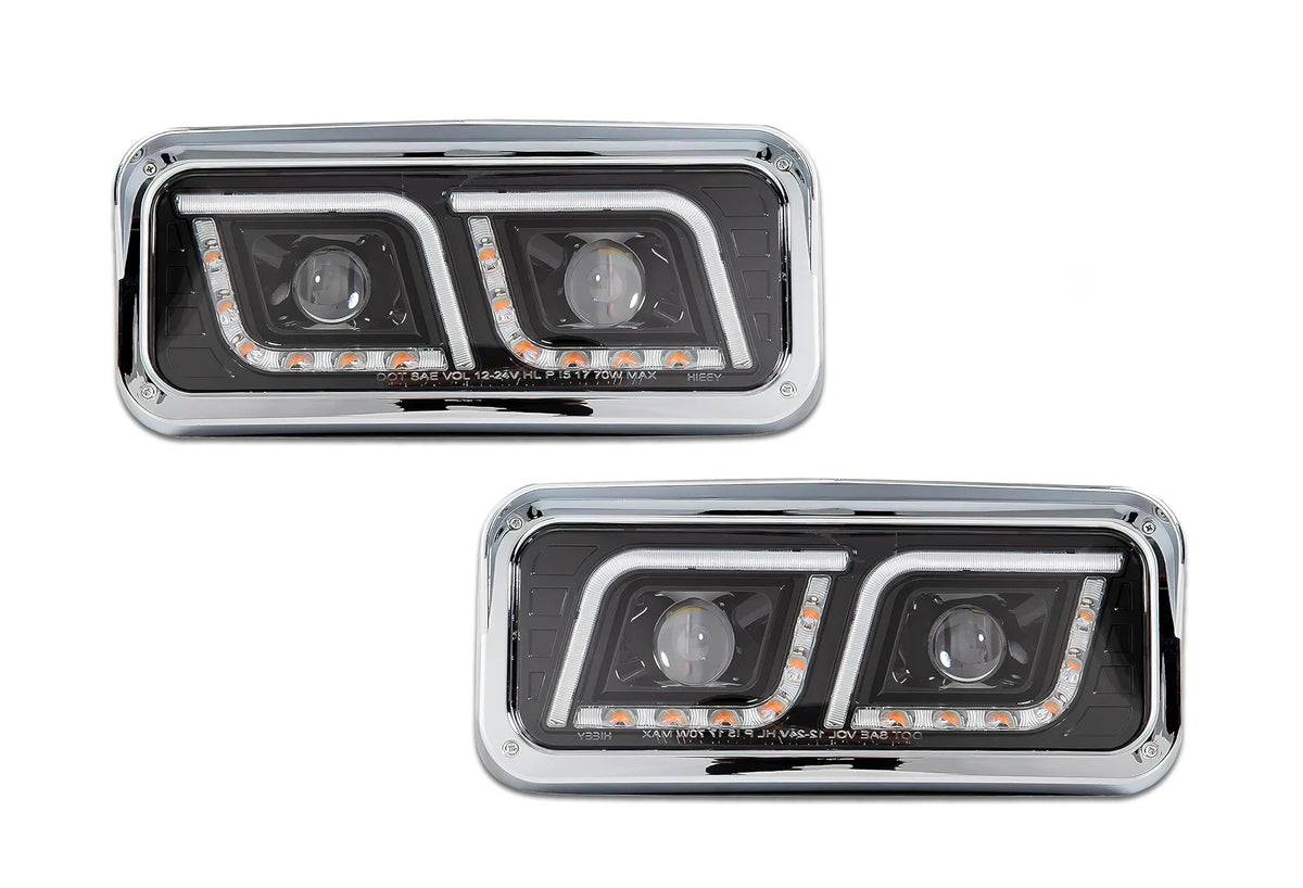 Headlights LED DRL Dual Black Set Freightliner Classic