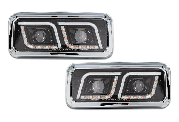 Headlights Black LED DRL Set Kenworth W900 T800 T600