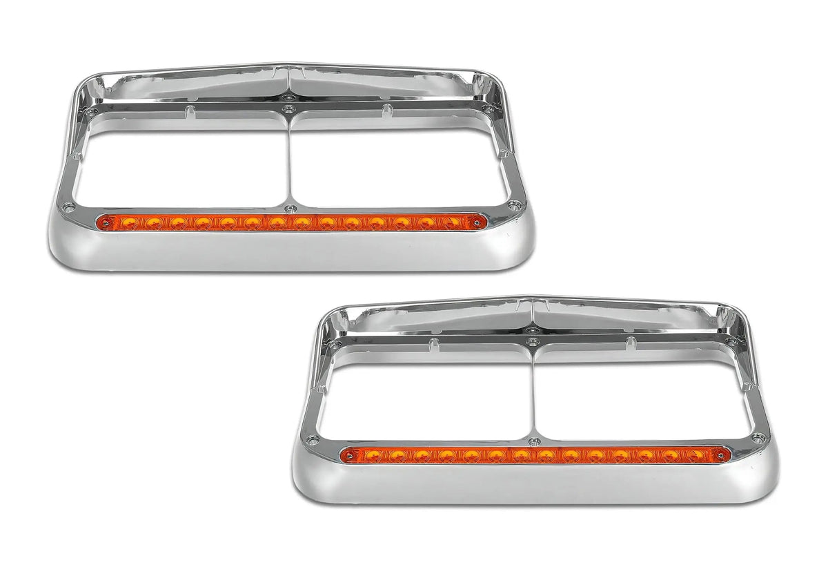 Headlights Bezels Chrome with 12" Amber/Yellow LED Light Strip Bar 2 Pcs For Kenworth T400 T600 T800 W900B W900L - 