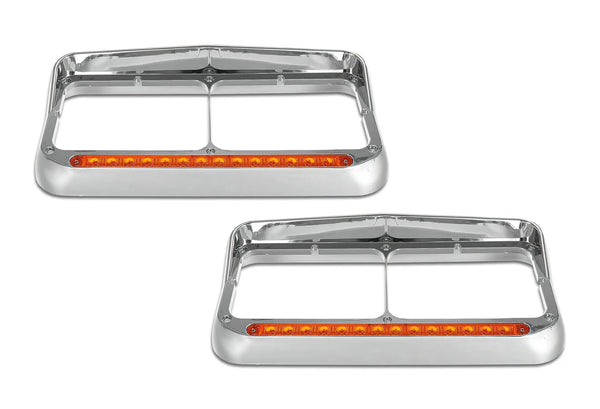 Headlights Bezels Chrome with 12" Amber/Yellow LED Light Strip Bar 2 Pcs For Kenworth T400 T600 T800 W900B W900L - 