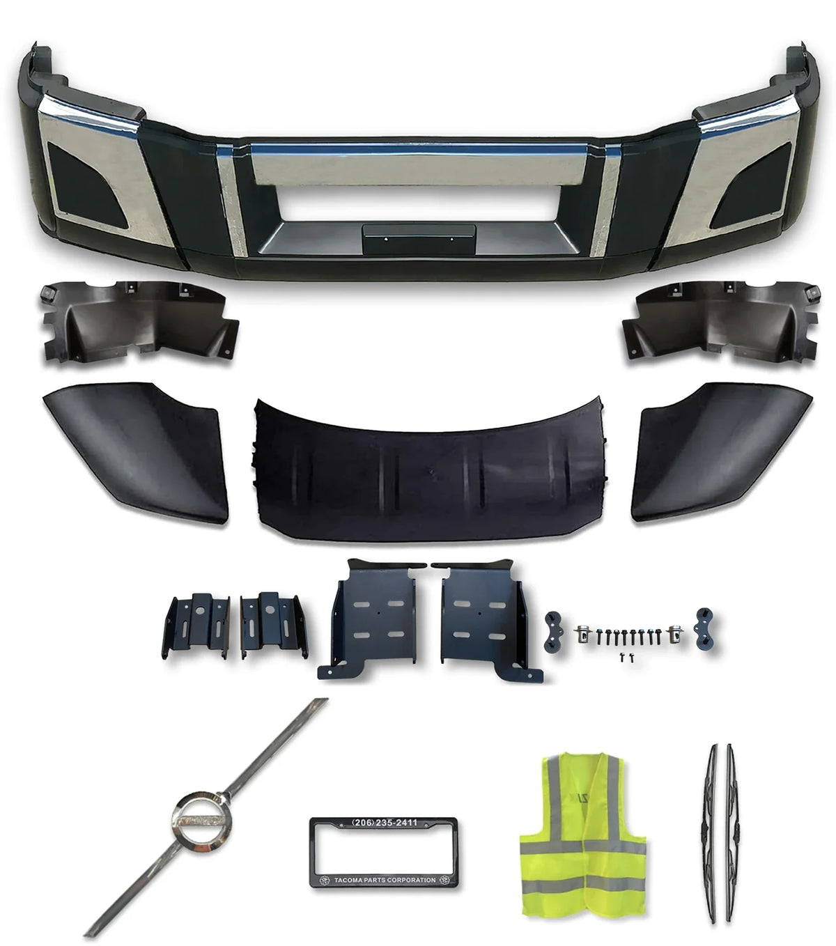 Bumper Set W/o Fog Holes Chrome Trim & Air Flow Deflector & Brackets 2018+ Volvo VNL VNR