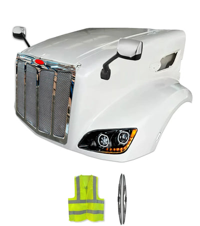 Fiberglass Long Hood Modified Style w/Front Grille, LED Headlights & Mirrors Set 2014-2022 Peterbilt 579