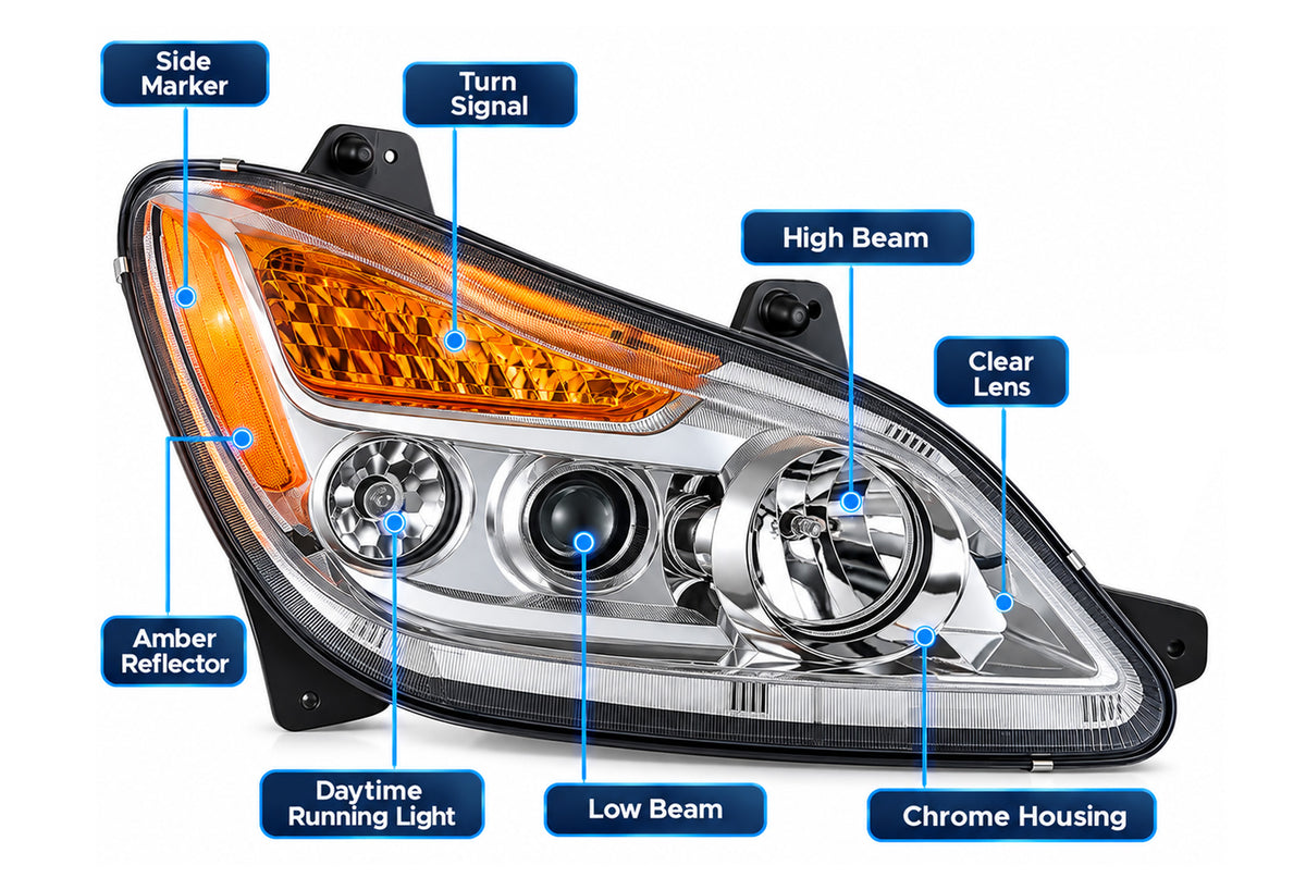 Halogen Headlight Chrome Housing Passenger 2022+ Kenworth T680 Next Gen