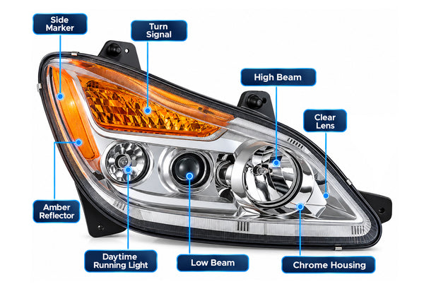 Halogen Headlight Chrome Housing Passenger 2022+ Kenworth T680 Next Gen