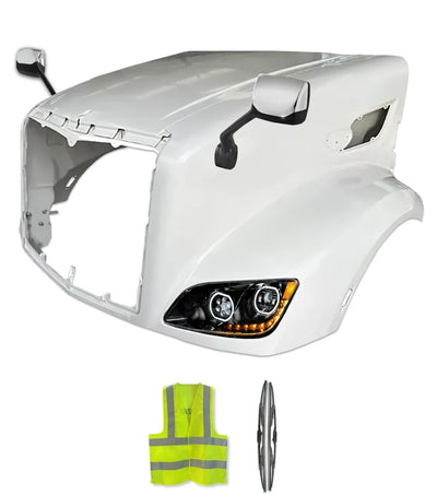 Fiberglass Long Hood Modified Style w/LED Black Headlights & Chrome Mirrors Set 2014-2022 Peterbilt 579