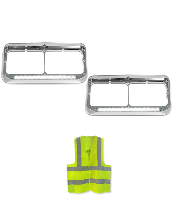 Headlights Bezels Chrome with 12" Clear LED Light Strip Bar Western Star 4900 4800 6900