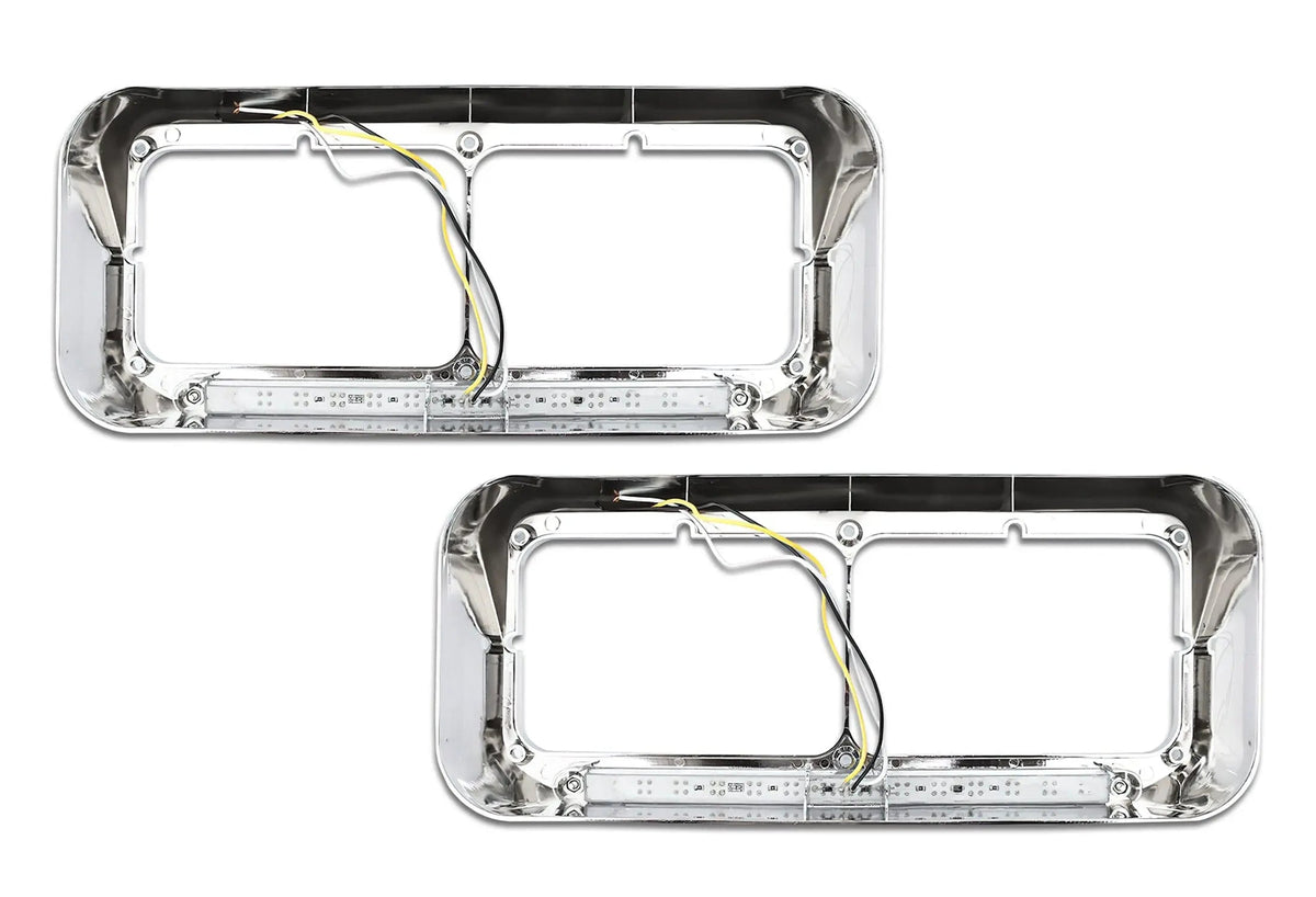 Headlights Bezels Chrome with 12" Clear/White LED Light Strip Bar 2 Pcs For Freightliner FLD Classic XL - 