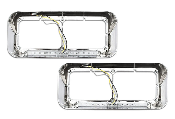 Headlights Bezels Chrome with 12" Clear/White LED Light Strip Bar 2 Pcs For Freightliner FLD Classic XL - 