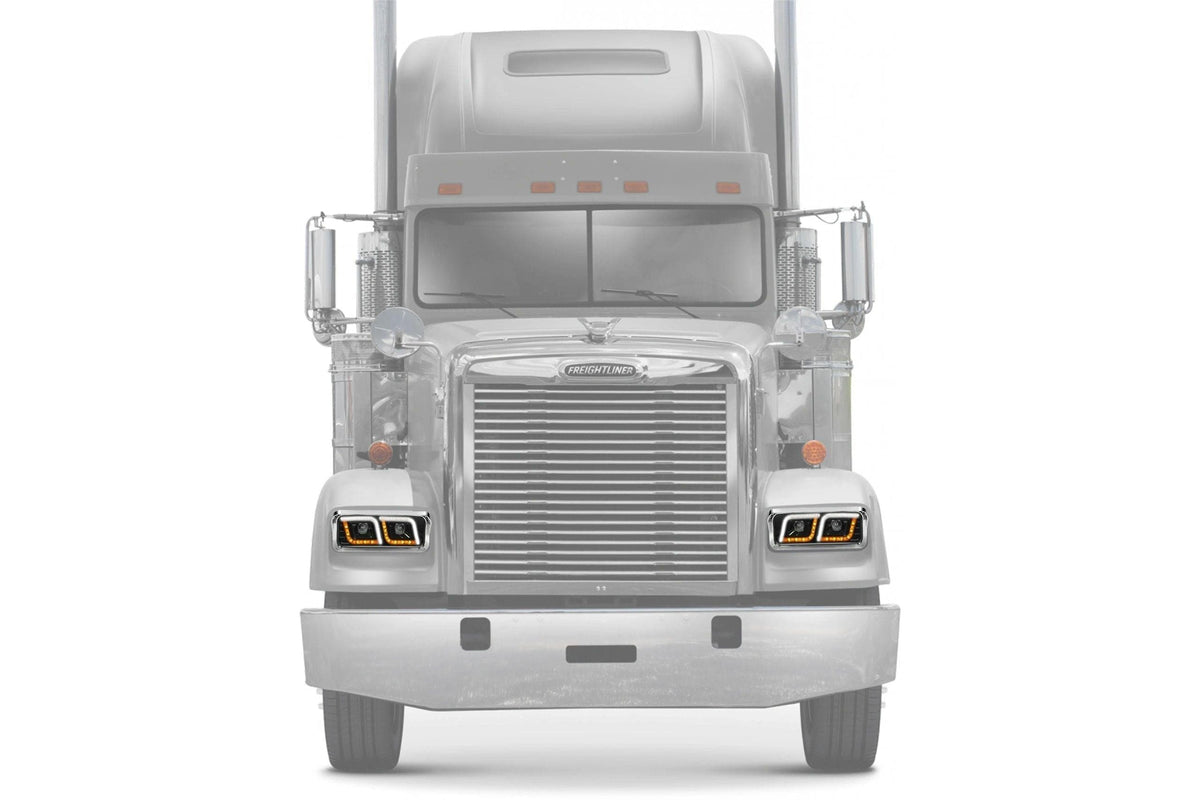 KOZAK LED DRL DUAL Black Projector Headlights Set Pair (Driver Left & Passenger Right Side) for FREIGHTLINER CLASSIC PLUS Logo, Windshield Wipers and Vest
