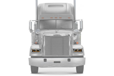 KOZAK LED DRL DUAL Black Projector Headlights Set Pair (Driver Left & Passenger Right Side) for FREIGHTLINER CLASSIC PLUS Logo, Windshield Wipers and Vest