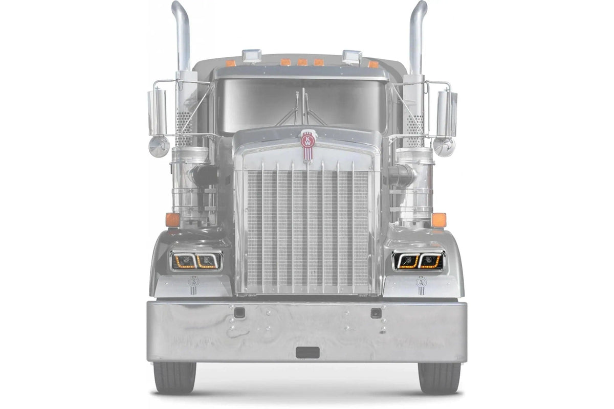 KOZAK LED DRL DUAL Black Projector Headlight (Driver Left Side) for FREIGHTLINER CLASSIC PLUS Logo, Windshield Wipers and Vest