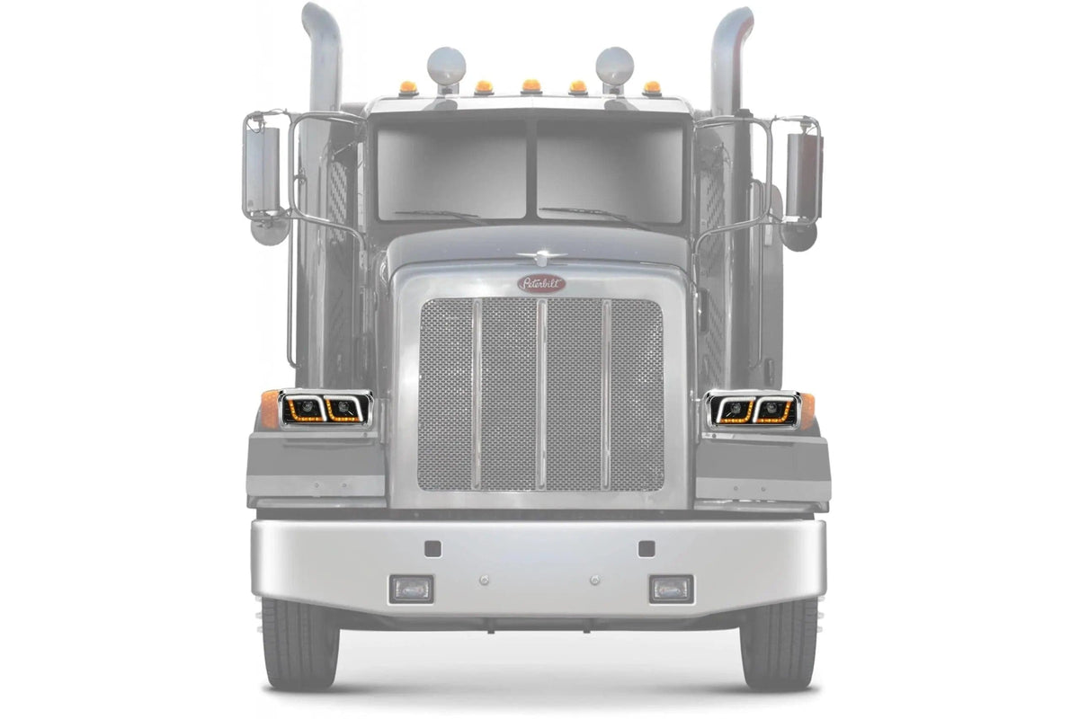 KOZAK LED DRL DUAL Black Projector Headlights Set Pair (Driver Left & Passenger Right Side) for PETERBILT 357 365 378 379 PLUS Logo, Windshield Wipers and Vest