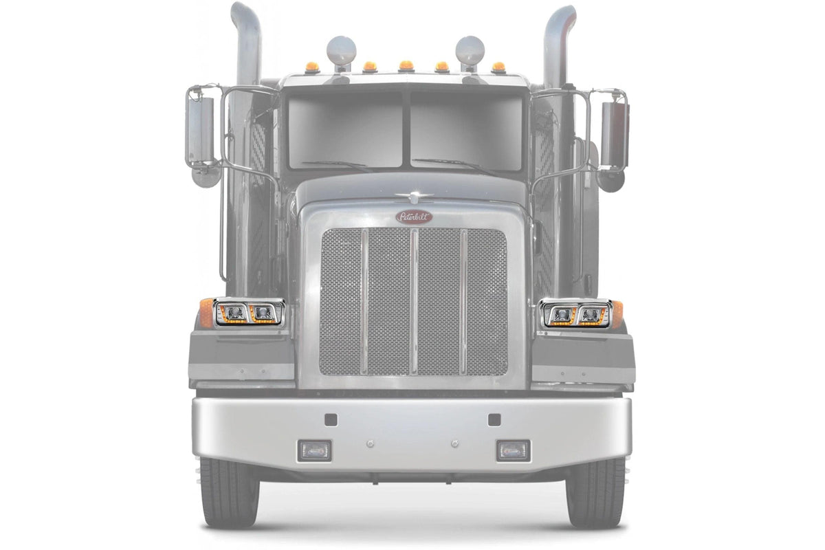 KOZAK LED DRL DUAL Chrome Projector Headlights Set Pair (Driver Left & Passenger Right Side) for PETERBILT 357 365 378 379 PLUS Logo, Windshield Wipers and Vest