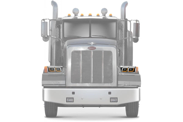 KOZAK LED DRL DUAL Black Projector Headlight (Driver Left Side) for PETERBILT 357 365 378 379 PLUS Logo, Windshield Wipers and Vest