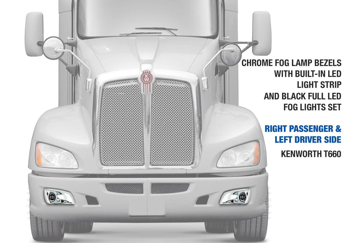 Fog Light Bezels Chrome w/ Built-in Light Strip & Black Full LED Fog Lights Set Kenworth T660