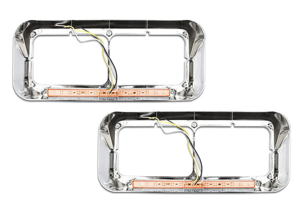 Headlights Bezels Chrome with 12" Amber/Yellow LED Light Strip Bar 2 Pcs For Kenworth T400 T600 T800 W900B W900L - 