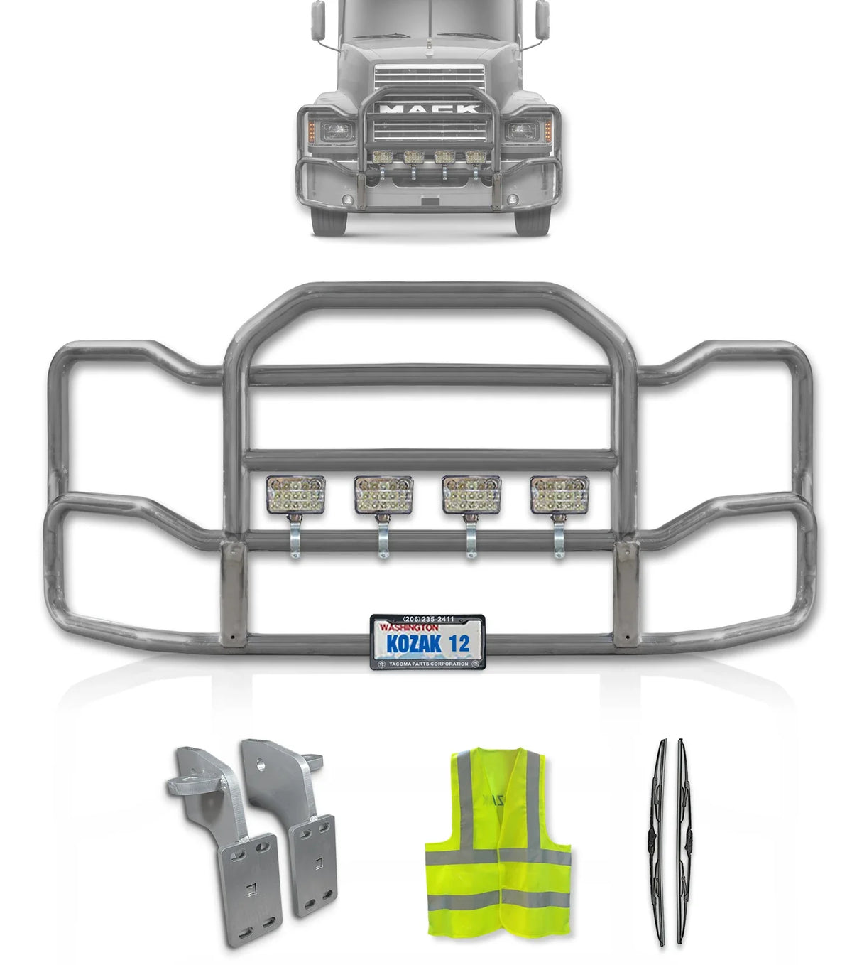 Grille Guard Large Chrome with Lights 2004+ Mack CH Set-Back
