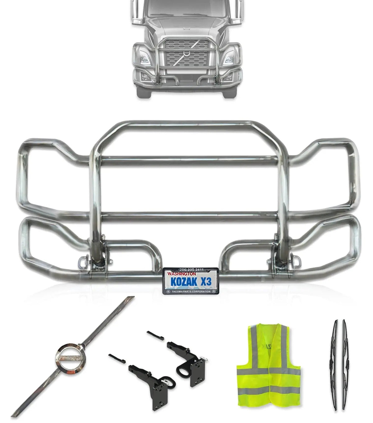 Kozak Chrome Front Grille Guard Large Volvo VNL - 