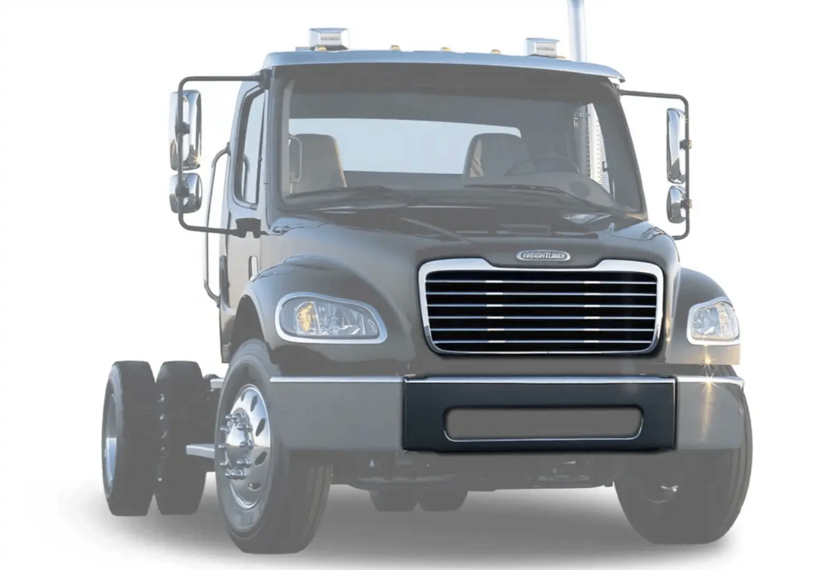 KOZAK Chrome Steel Front Center Bumper for Freightliner M2 Business Class 106 112 03-12 and Chrome Front Grille for Freightliner M2 03-15 A1714787001 PLUS Logo, Wipers, License Plate Holder and Vest