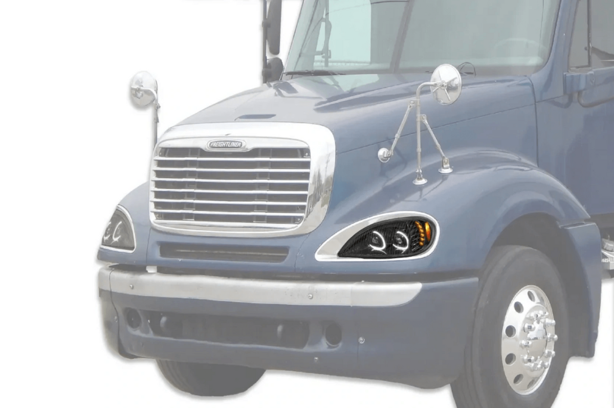 KOZAK LED DRL Dual Projector Headlight / Lamp Black 12V Driver Left Side For Freightliner Columbia 2004-2017 PLUS Logo, 2x 22" Wipers, KOZAK Vest