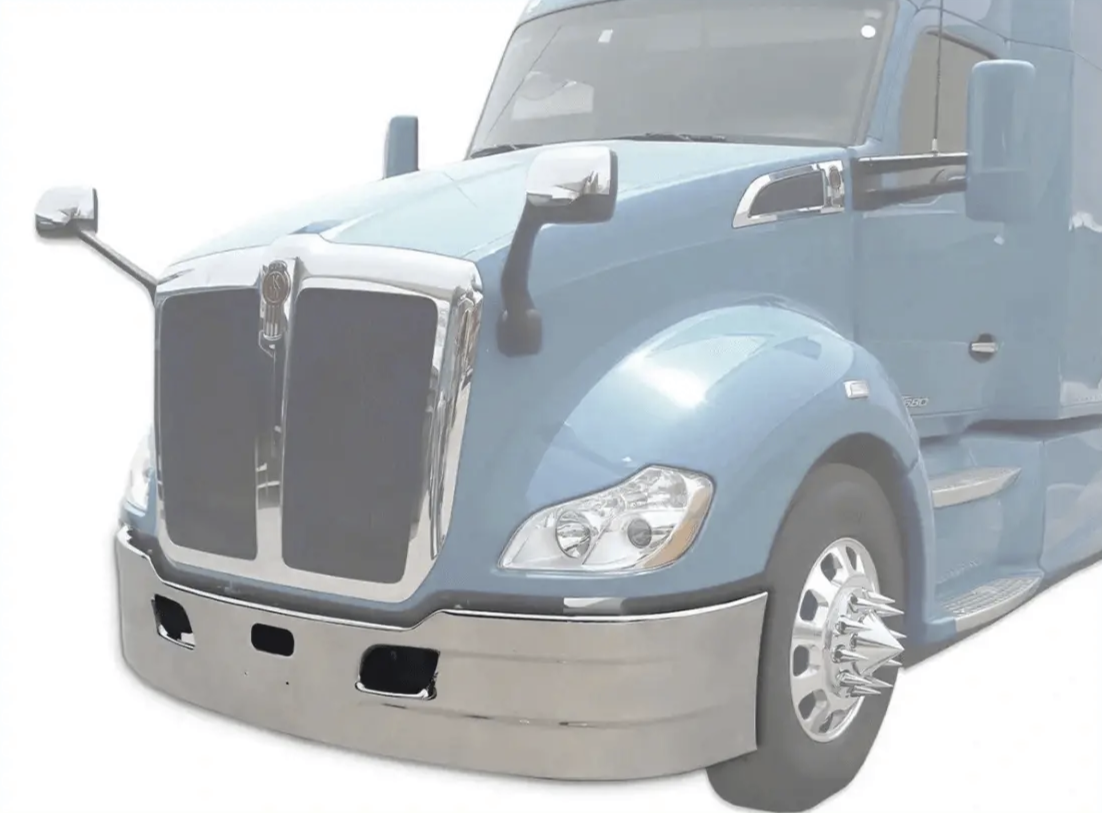 KOZAK 17" Aero Style Chrome Bumper WITH RADAR CUTOUT for Kenworth T680 2013-2021 Semi Trucks PLUS Logo, Wipers, License Plate Frame, 2x Trailer Tail Lights and Vest